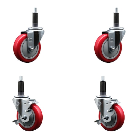 Service Caster 4'' SS Red Poly Wheel Swivel 1'' Expanding Stem Caster Set 2 Brakes, 4PK SCC-SSEX20S414-PPUB-RED-2-TLB-2-1